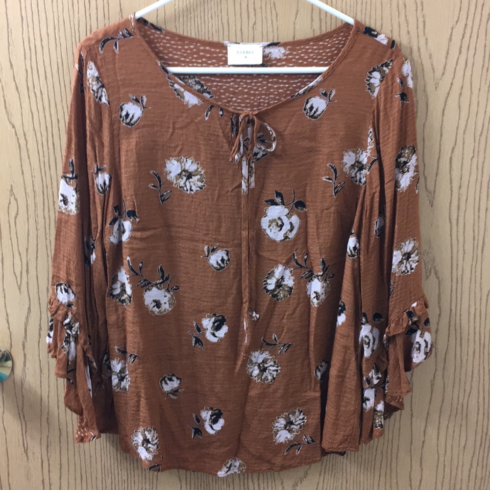 Every Brown Floral Bell Sleeve Blouse Size Large